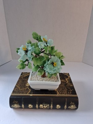 Vtg 1980's Aqua Blue Peking Glass Blossomed & Jade-Stone Leaf Bonsai Tree; EUC!