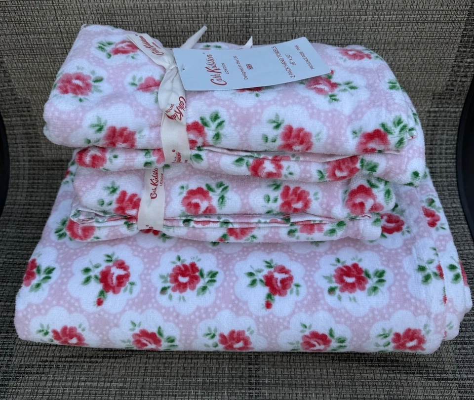 Juego de 2 toallas de baño y 2 de mano de terciopelo de algodón rosa rosa Cath Kidston Provence 4 piezas Foto 3 de 4