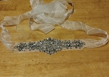 Ribbon Bridal Wedding Sash Belt with Silver Rhinestone Crystals  Pearl Applique