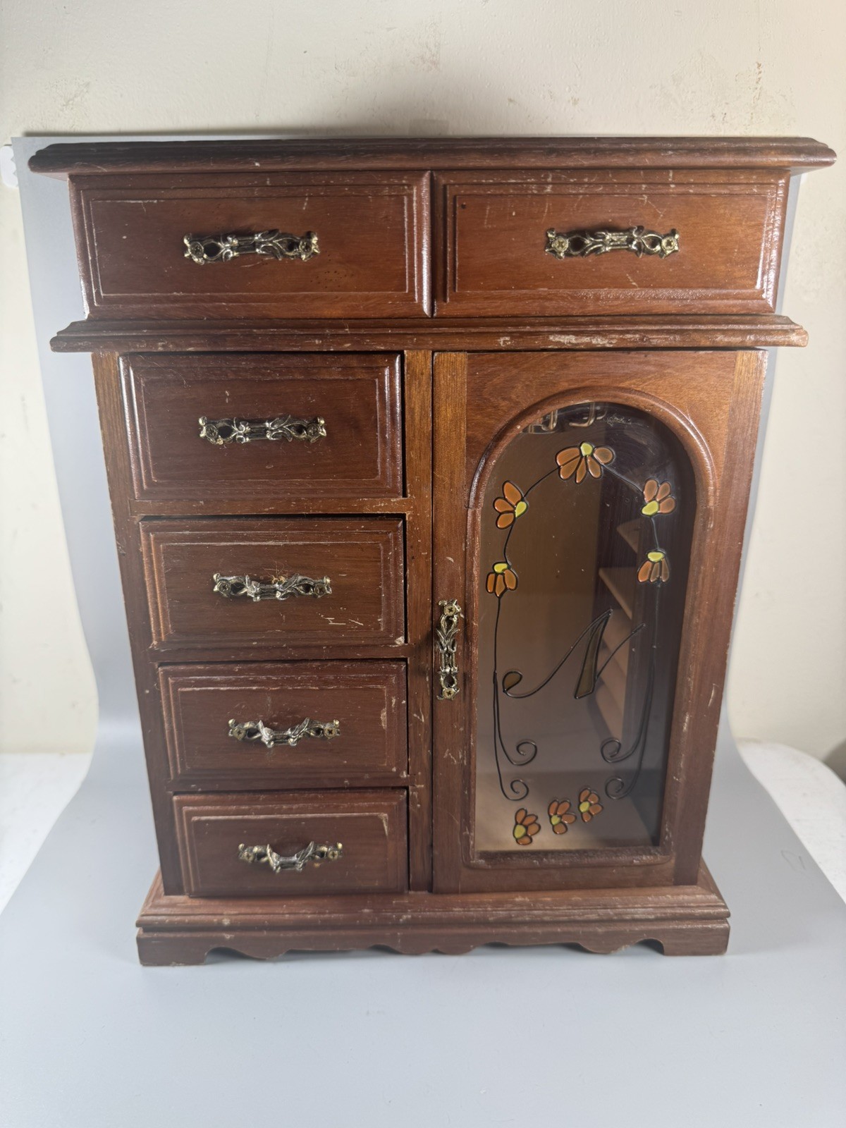 Wood Jewelry Armoire Cabinet w Drawers Glass Door Ring Neckl