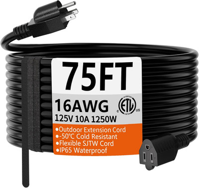 75 FT 16 Gauge Black Indoor Outdoor Extension Cord Waterproof