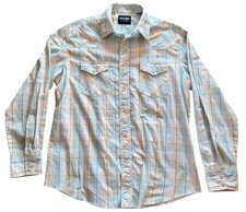 Wrangler Pearl Snap Western Shirt Men's Size L Long Sleeves Blue Plaid Pockets