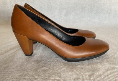 ECCO Sz 39/8-8.5 Shape 55 Plateau Amber Brown Leather Block Heel Pumps Shoes