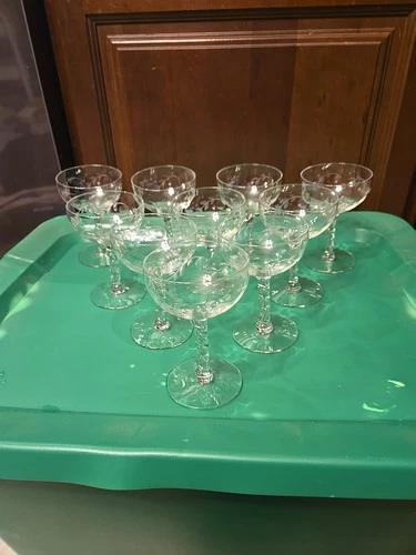 10  Vintage Clear Depression Glass Etched Floral ELEGANT WINE GLASSES