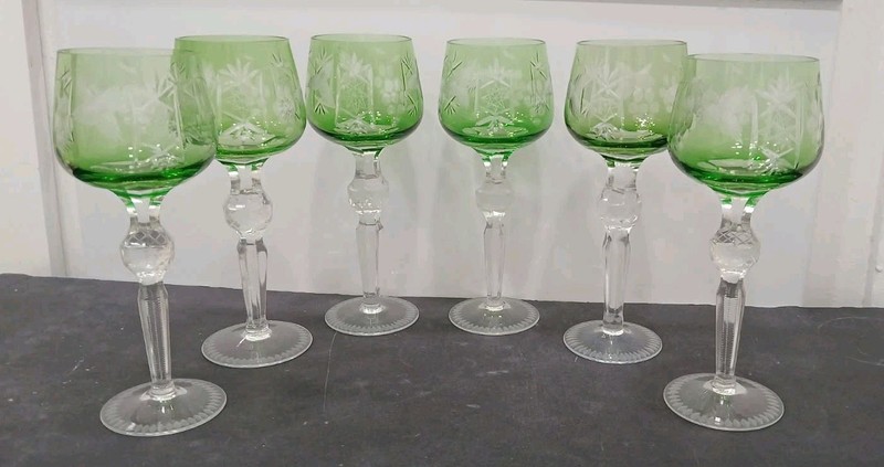 Vintage Bohemian Crystal Green Cut To Clear Stemmed Wine Glasses - Set Of 6
