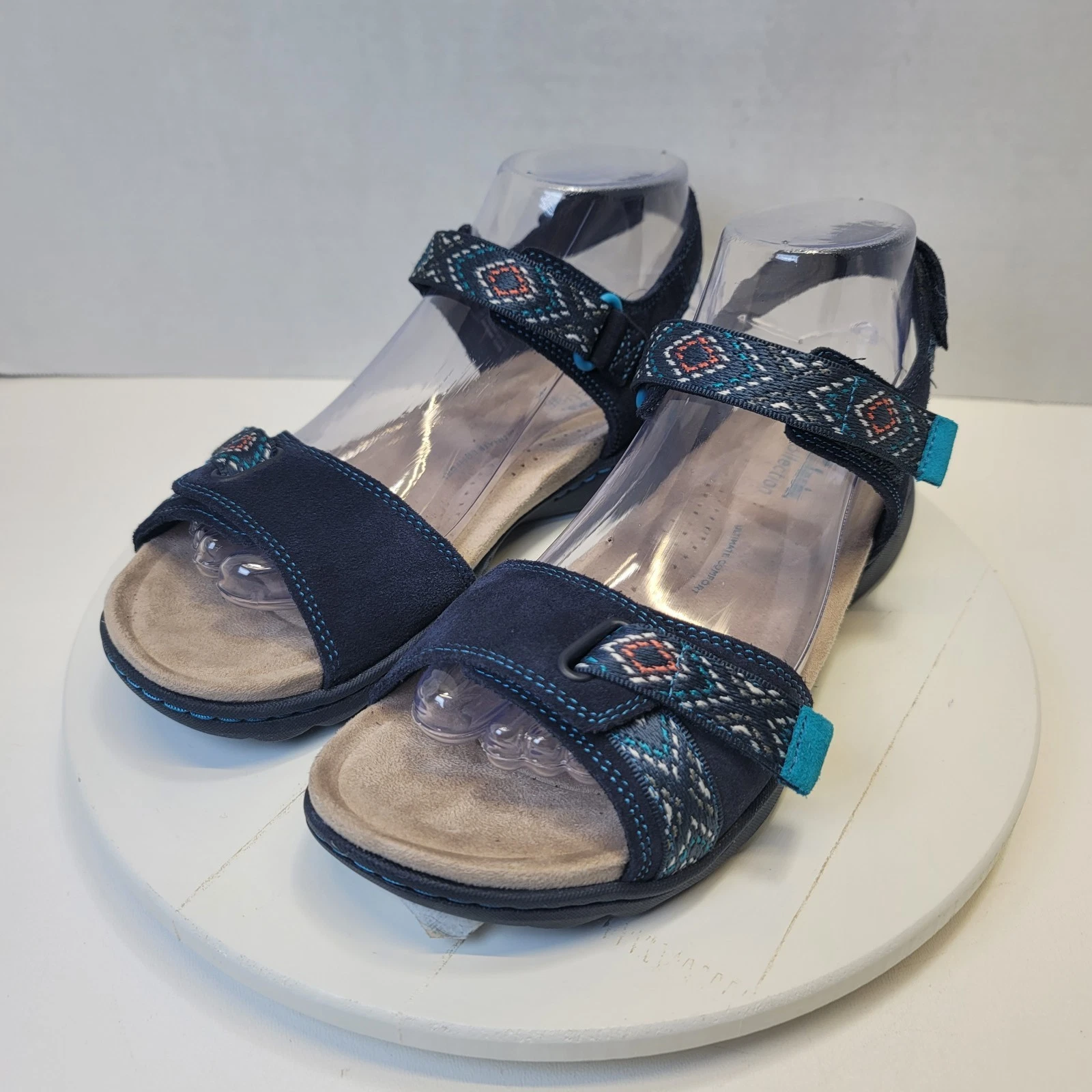 Scarpe sandali Clarks basse taglia 7 W Amanda Sprint blu scamosciato comode cinturino sportivo