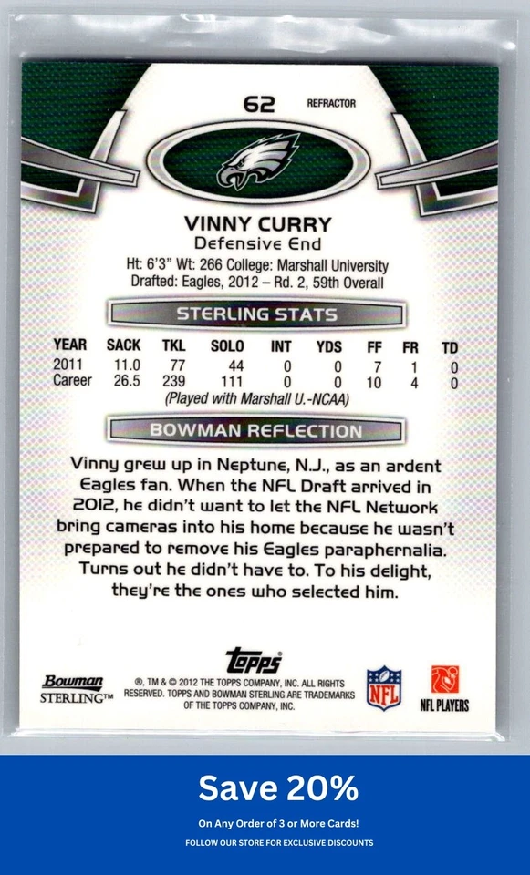 Vinny Curry Rookie 2012 Bowman Sterling #62 Blue Refractors #/99 Eagles J11 - Image 2 of 2