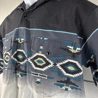 Aztec Pearl Snap Shirt Mens M Black/White Gradient Button Up Short Sleeve VTG