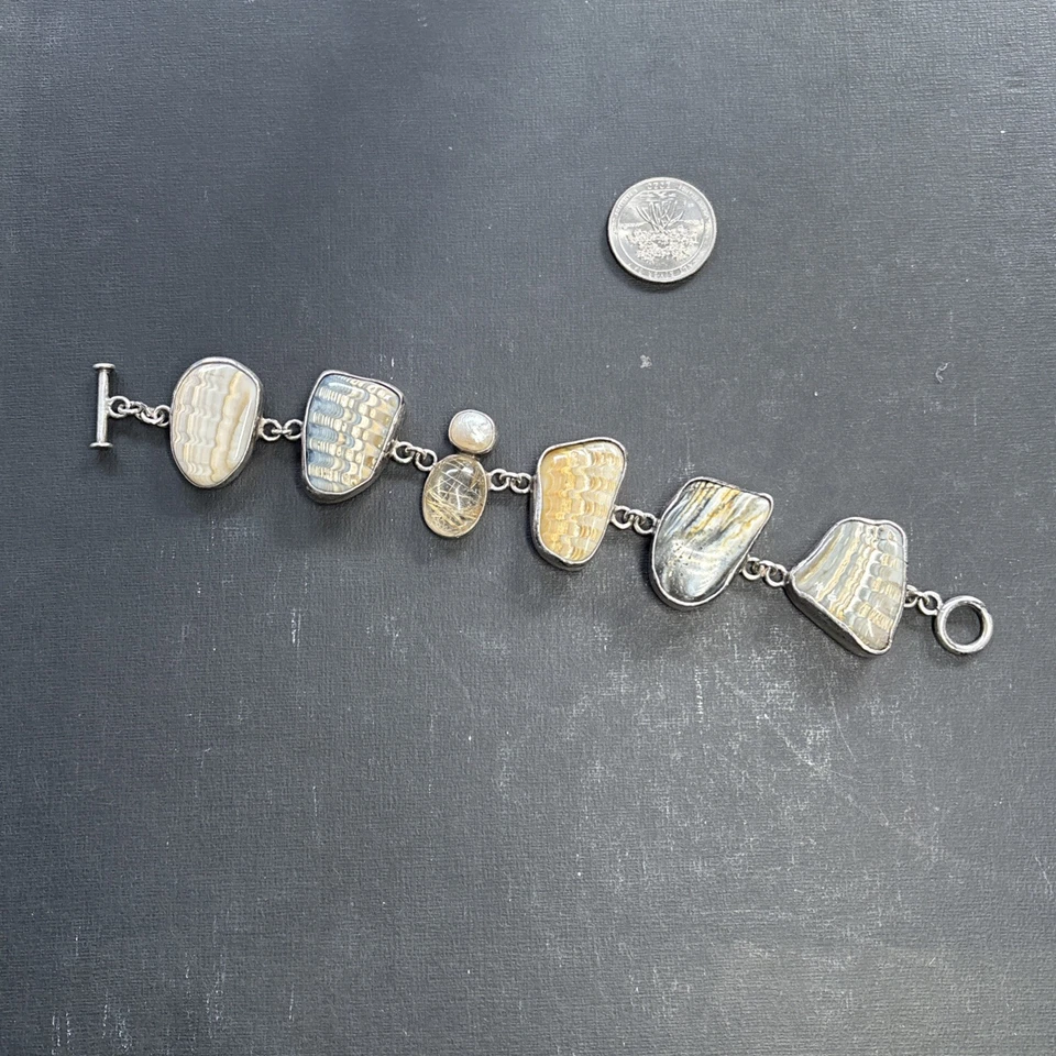 “The Dreamer” Multi Stone and Pearl 925 Sterling Silver Bracelet - Image 3 of 4