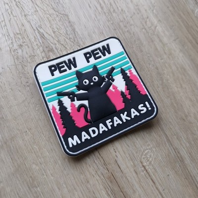 Pew MADAFAKAS!| Patch Klett Aufnäher| Waffen Katze Schwarz Humor| Gummi Moral