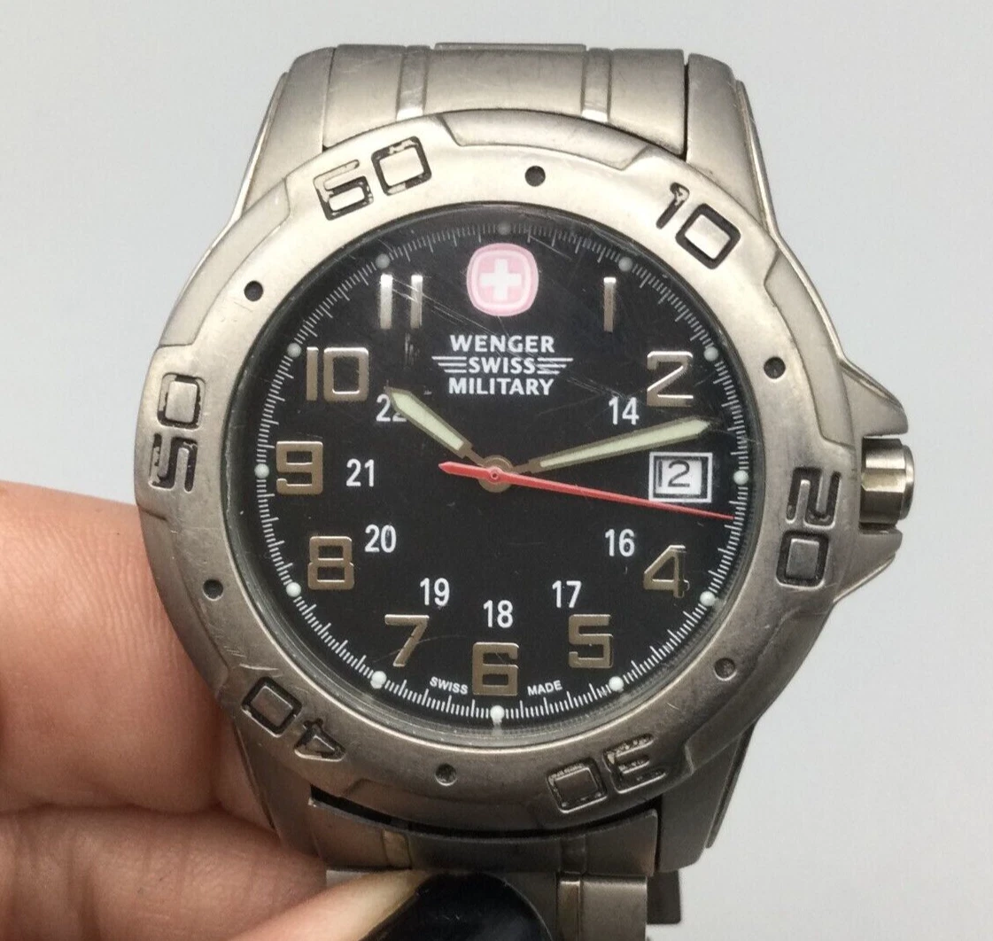 Wenger Swiss Military Titanium Watch Men Silver Tone Date Round New Battery 7.5