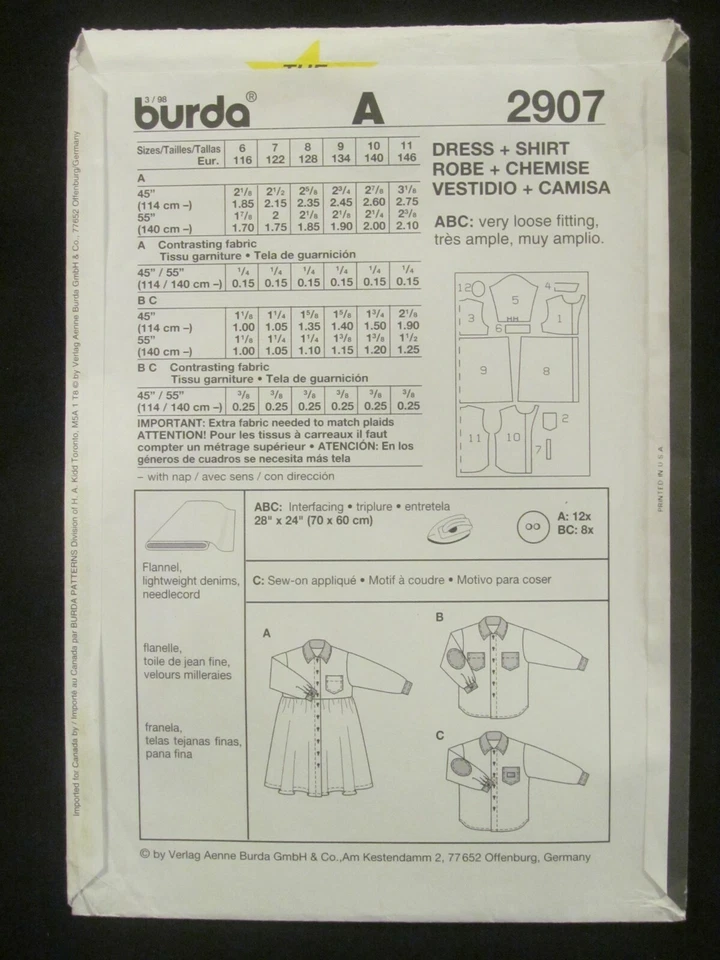 BURDA PATTERN - 2907 CHILD BOY GIRL SHIRT ELBOW PATCHES DRESS BUTTONS 6-11 UNCUT - Image 2 of 2