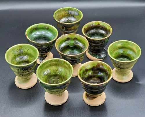 Handmade Priory Ceramics Pottery Set 8 Cups Mug Ireland Green Vintage Drip Glaze