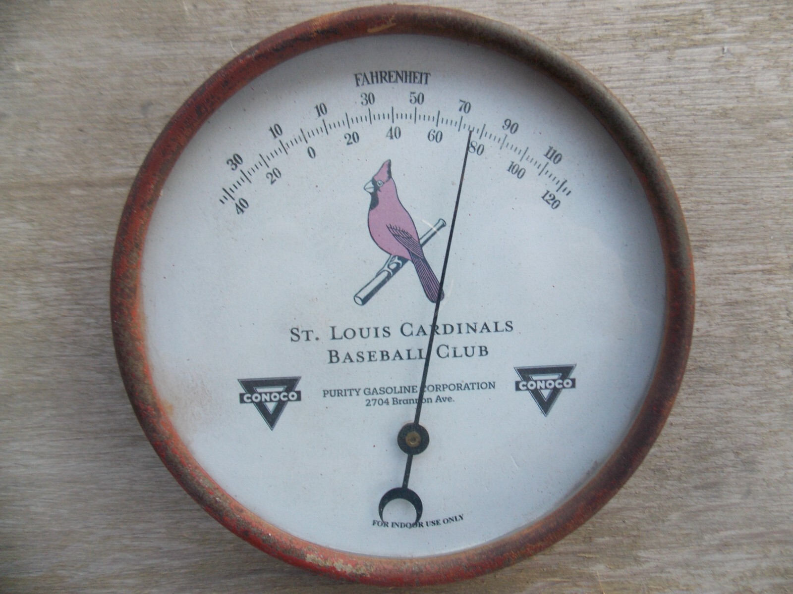 ANTIQUE ST. LOUIS CARDINALS BASEBALL CONOCO GAS ADVERTISING THERMOMETER