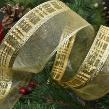 Christmas Gold Metallic Plaid Edge Sheer Wired Ribbon 2.5"W x 10 Yards, SALE