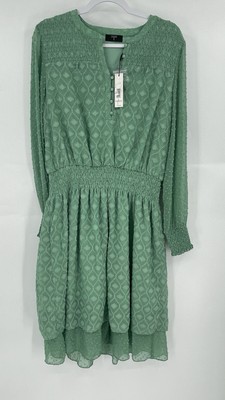 T Tahari Fit & Flare Swiss Dot Dress Women's XL Mint Green Smocked Long Sleeve