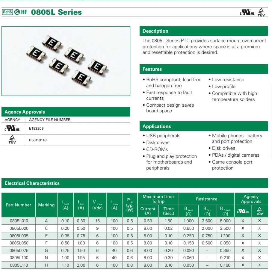 50PCS 0805L100 1A 1000MA 6V SMD Resettable Fuse PPTC 0805 2mm×1.2mm - Image 2 of 4