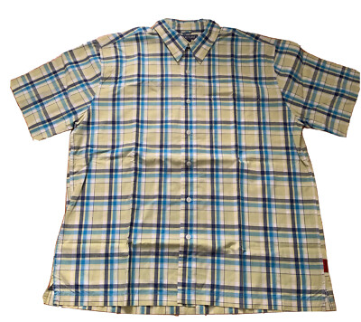 Structure Mens Button Shirt Short Sleeve Cotton Plaid Blue Green Size Large NEW