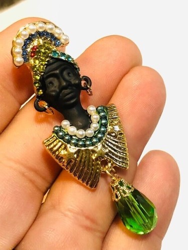 BLACKAMOOR BROOCH Gold Tone Green Crystal Faux Pearls Queen of Sheba Cleopatra - Bild 4 von 12