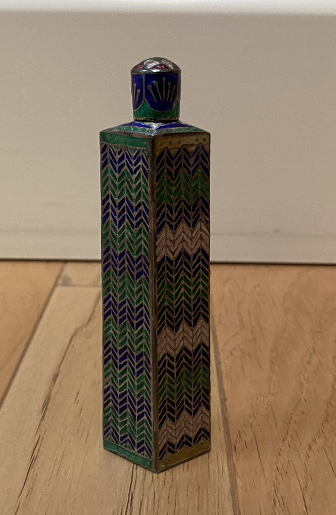 Vintage Asian/Middle Eastern? Detailed Enamel Perfume/Snuff? Lidded Bottle 4.5”
