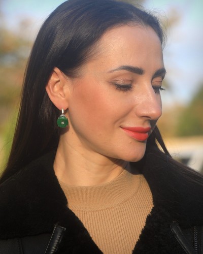 Boucles d'oreilles Dormeuses Doré Art Deco Donut Jade Vert Serti de CZ Blanc SA3 - Imagen 6 de 9