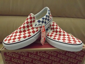 vans slip on checkerboard red blue
