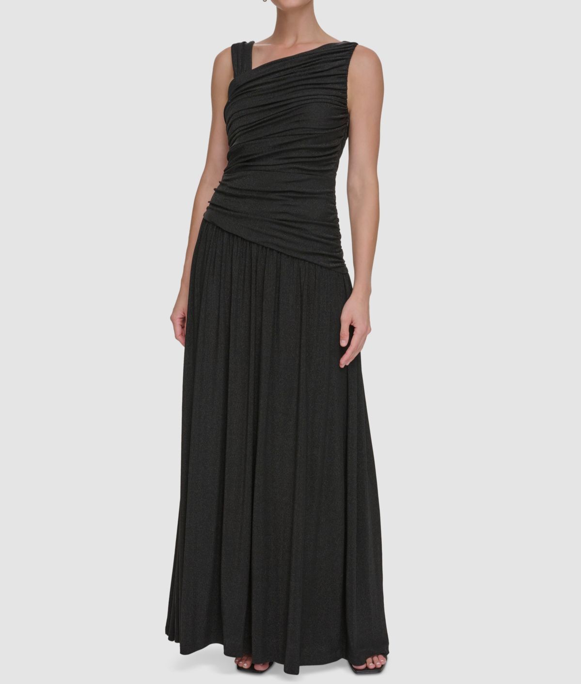 DKNY Women's Black Metallic-Knit Ruched Asymmetric Neck Gown Dress Size 4