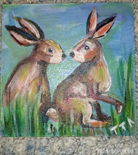 Original acrylic art painting.Two hares in the grass.  March rabbits. 4 х 4 In. - Picture 1 of 9