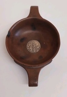 Antique Treen Quaich Yew Wood ? Silver Arabic Coin in base C18/19th 5"wide