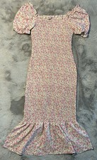 Pretty Garden Bodycon Midi Dress Women’s Pink Floral Ruffle Hem Cocktail SMALL