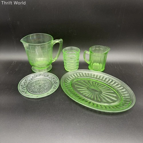 Uranium Glass Green 5 Piece Lot Pitcher Platter Vintage Vaseline Depression