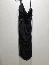 Windsor Black Rhinestone Mesh Ruched Strappy Bodycon Midi Dress V-Neck M