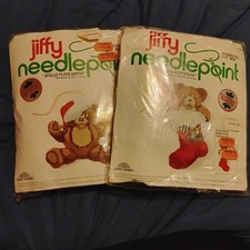 Vtg Jiffy Needlepoint 5001 Jingles in a Stocking 5002 Jingles Plays Santa 3D Orn