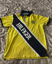 Tommy Hilfiger Men's L Yellow/Navy Colorblock Polo Short Sleeve Button Logo