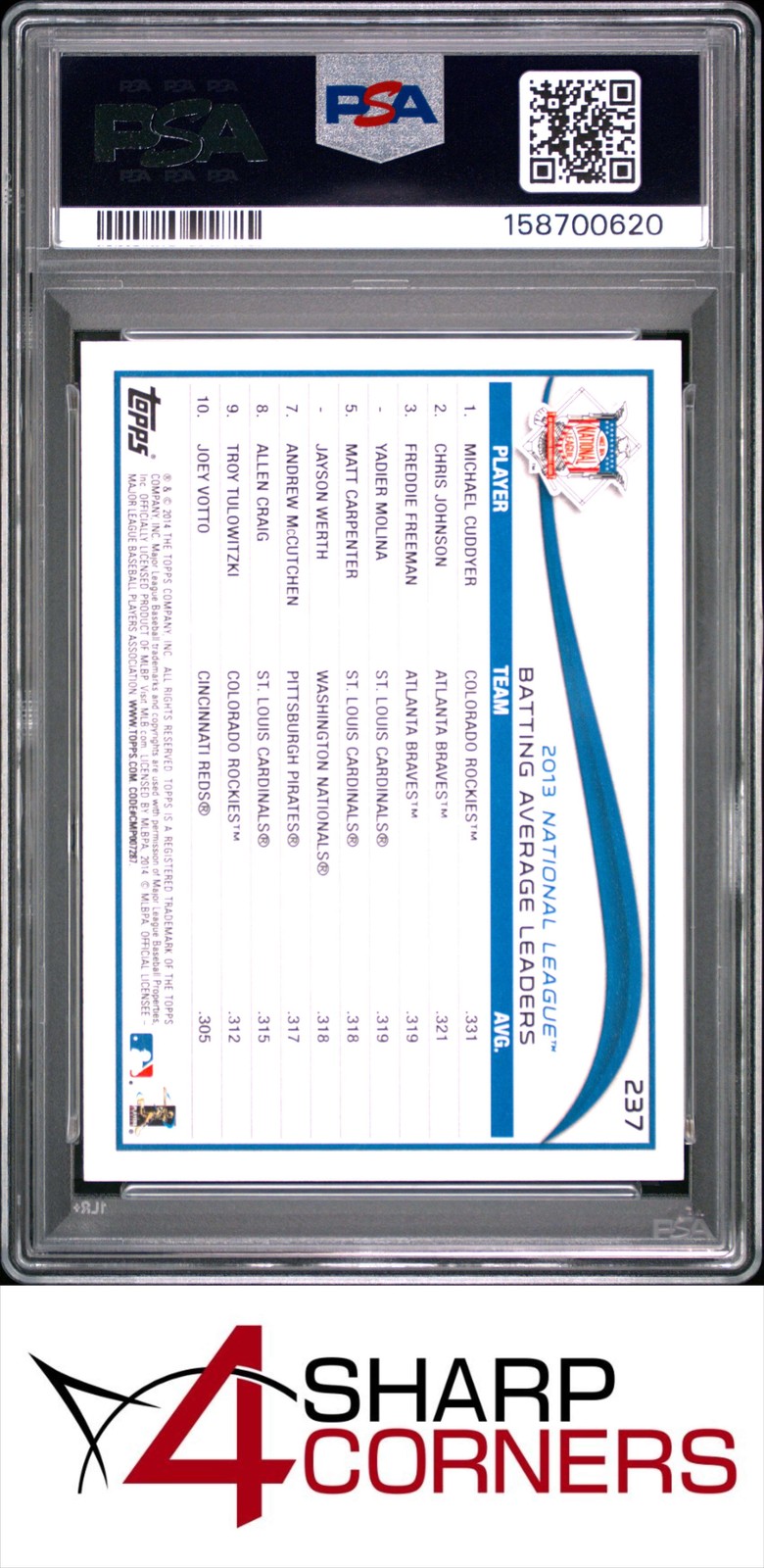 2014 TOPPS #237 FREDDIE FREEMAN BRAVES PSA 10 view 2