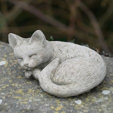 Sleeping Cat Stone Statue | Outdoor Kitten Garden Ornament British Pet Memorial
