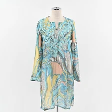 RAJ Tunic Dress Size M Blue Embroidered Printed Cotton Relaxed Fit Bohemian