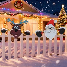 2pcs Christmas Metal Fence Peeker Decoration Santa  Reindeer Fence Yard Sign