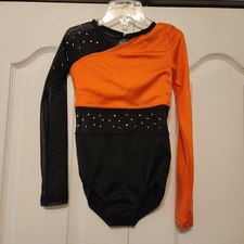 WEISSMAN Dance costume black orange mesh rhinestone sz IC leotard long sleeves