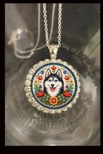Collar de plata 925 Husky siberiano arte popular gran caja de regalo pedrería