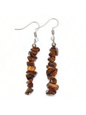 Tiger Eye Chip Dangle Earrings C Stainless Steel Asymmetrical Design