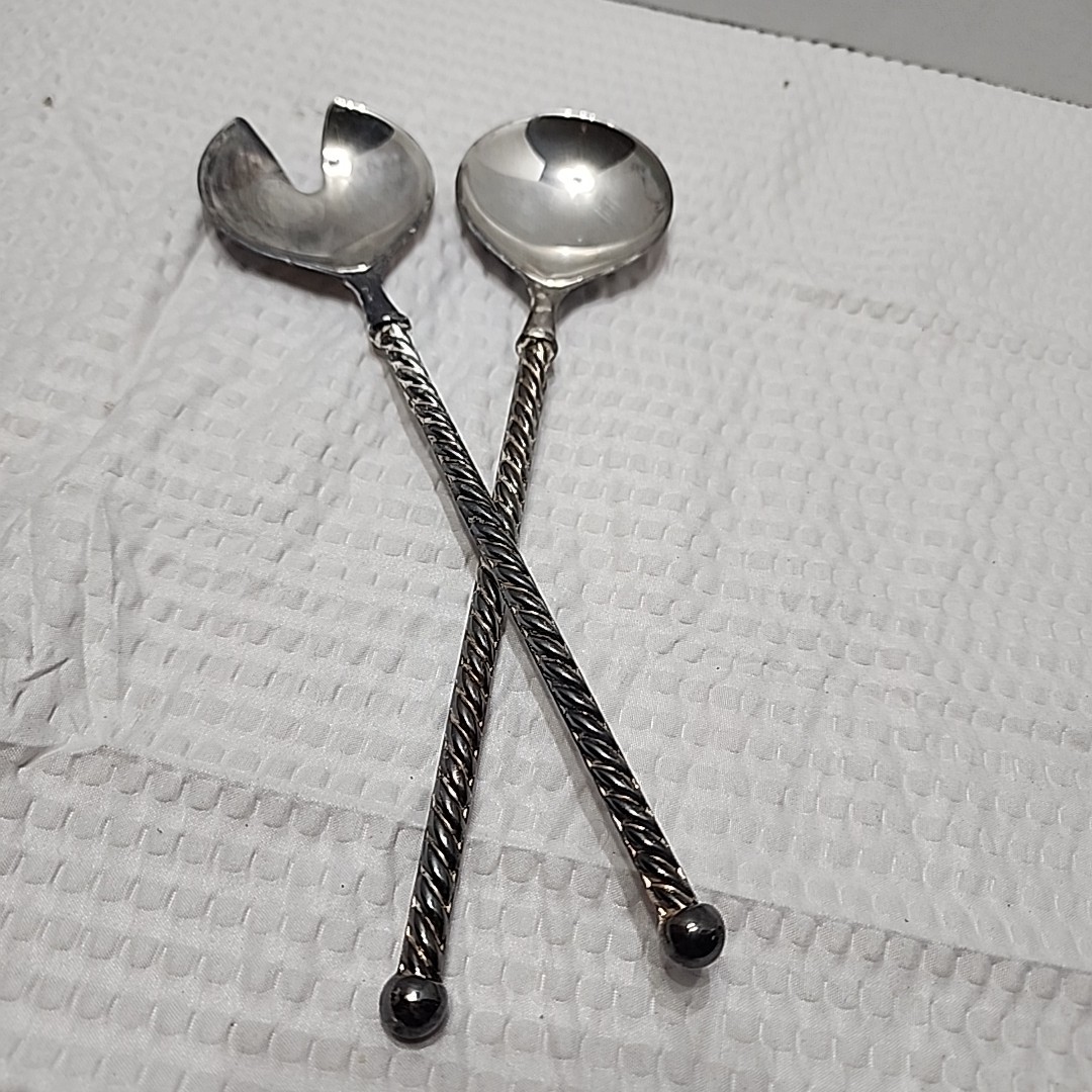 EP ZINC ITALY Vintage SALAD SERVING SPOON & FORK Twisted Sil