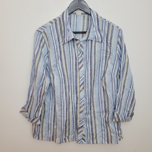 Vintage Damen Bluse Shirt Top Größe 20 22 blau weiß gestreift Baumwolle Arbeit 80er