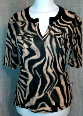 feminines Damen Shirt mit Brusttaschen Gr 42 / M slim elastisch mit Animal-Print