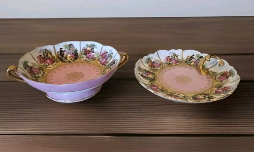 Fragonard Love Story Cameo Courting Couple Porcelain Finger Handle Plate & Bowl