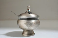  Silvertone Lidded Glass Jelly Relish Sugar Jar w/Spoon - Israel