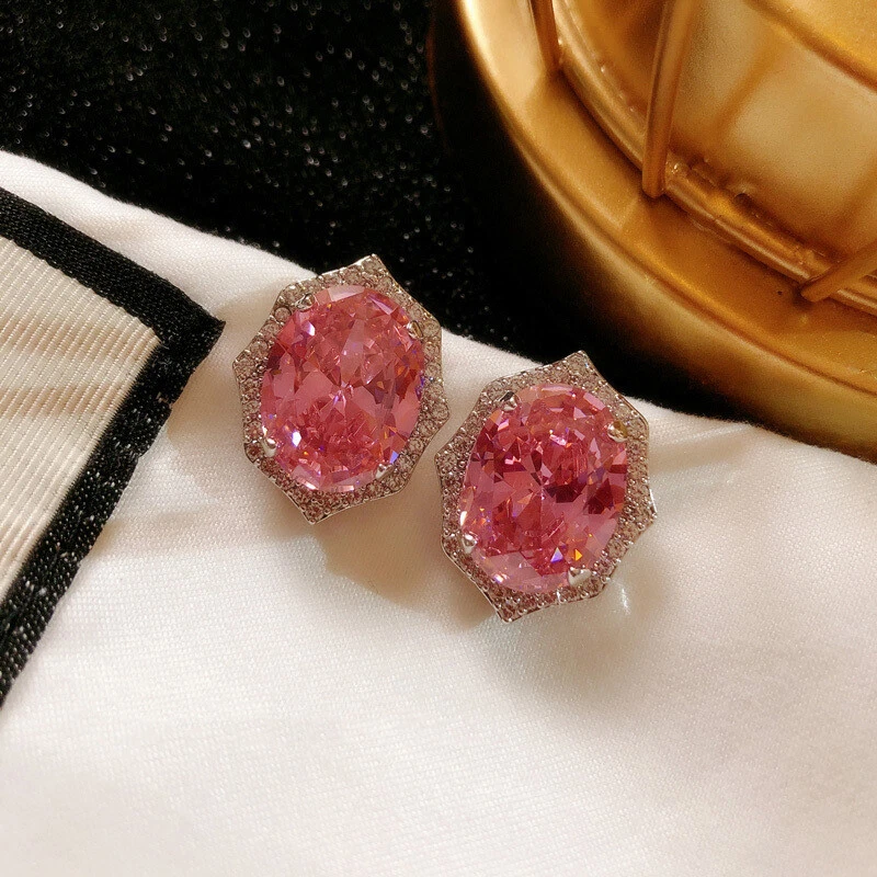New European Design Charm Oval Pink Topaz Gems Women Silver Stud Earrings 1 Pair - Image 2 of 4