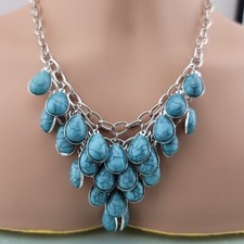 19" Necklace With 3 Ext Silver Tone Faux Turquoise Bib