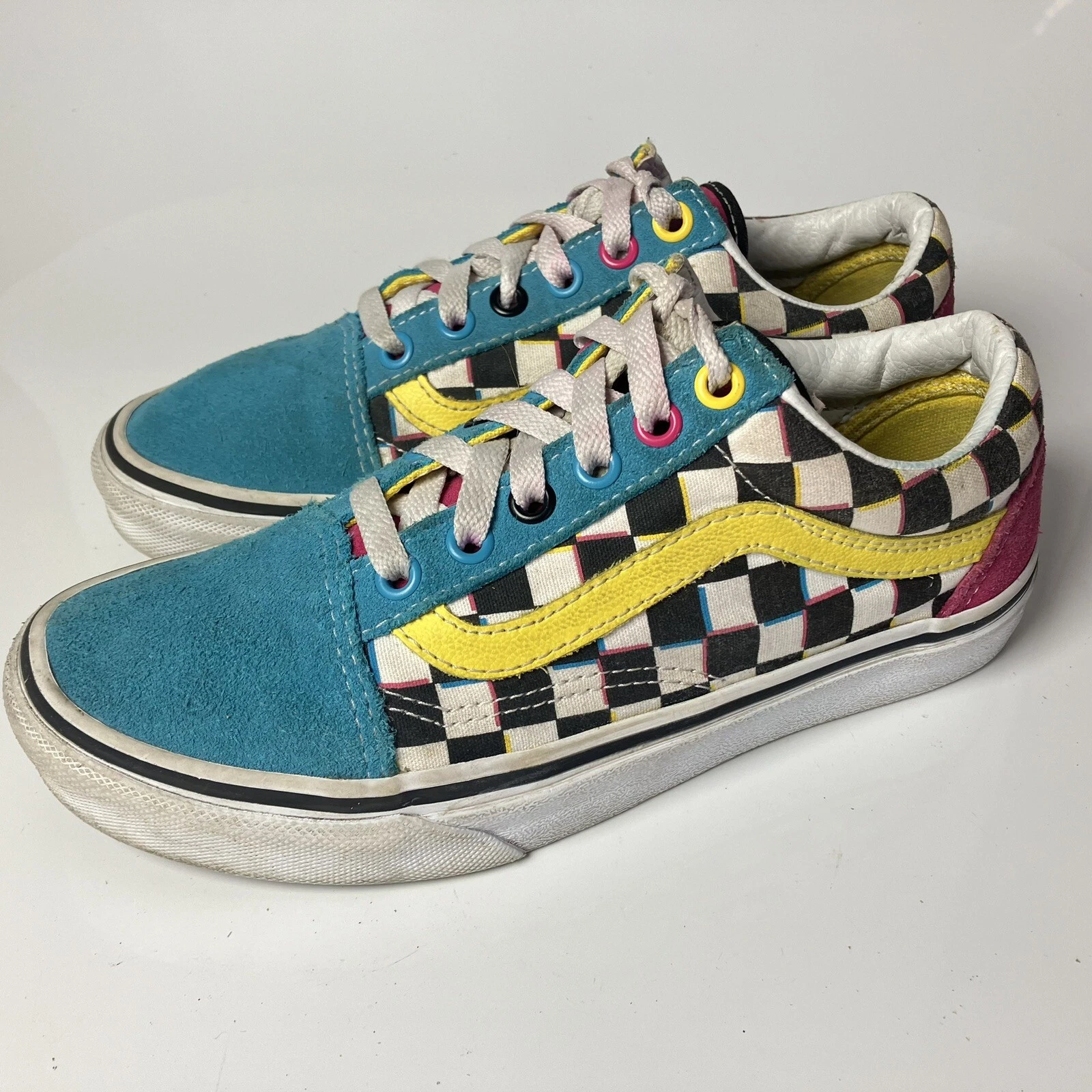 Scarpe Vans Off The Wall sneakers colorate a quadri blu rosa uomo 5 donna 6 5