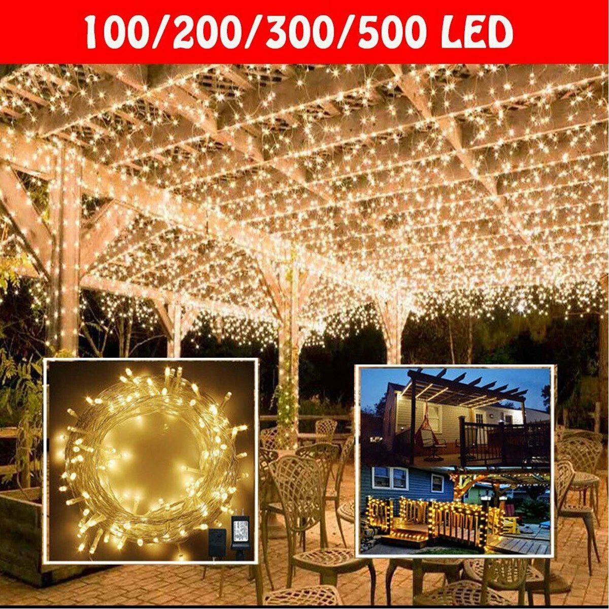 200 500 LED String Fairy Lights Clear Cable Christmas Tree Party